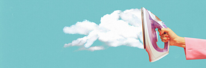 Contemporary art collage. Hand holding an iron from which cloud of steam is forming against teal...