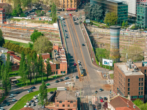 Aerial view of the via Carlo Farini bridge and tracks leading to Garibaldi station. The Rainbow Tower is a recognizable mark on the city and emotional landscape of Milan, capital of fashion and design