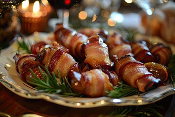 A plate of bacon-wrapped dates being prepared for a New Years Eve party