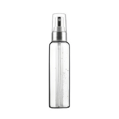 Transparent Spray Bottle with Moisture Droplets, Concept of Hygiene and Sanitation Products.