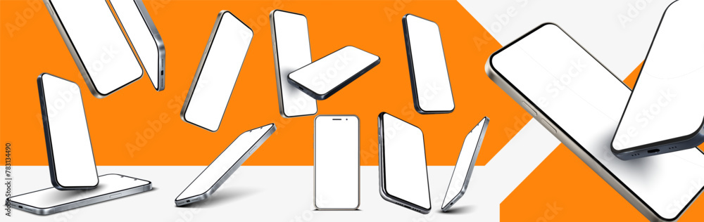Poster dynamic smartphones showcase on vibrant orange backdrop. multiple smartphones in various angles floa
