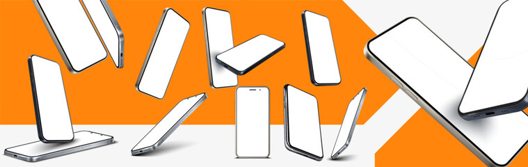 Dynamic Smartphones Showcase on Vibrant Orange Backdrop. multiple smartphones in various angles floating on an energetic orange background, ideal for modern gadget display.  3D realistic device mockup