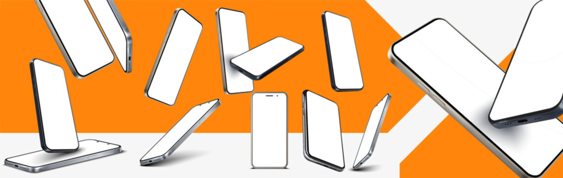 Dynamic Smartphones Showcase on Vibrant Orange Backdrop. multiple smartphones in various angles floating on an energetic orange background, ideal for modern gadget display.  3D realistic device mockup
