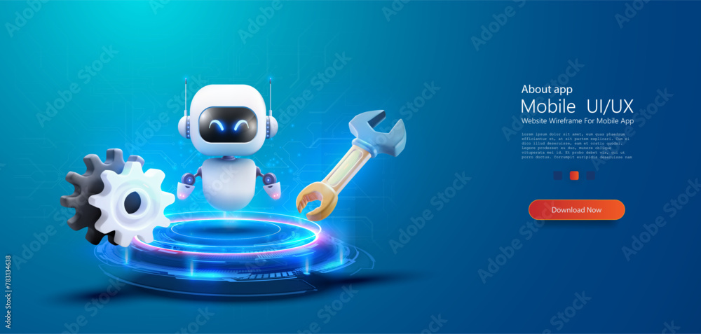Poster futuristic 3d bot service robot with tools on digital platform. a friendly robot with a wrench and g