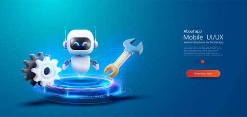 Fototapeta premium Futuristic 3D bot Service Robot with Tools on Digital Platform. A friendly robot with a wrench and gears on a glowing cybernetic platform, symbolizing AI and automation in technology services. 