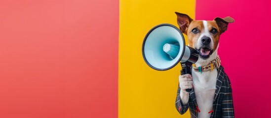 Cute dog holding a loudspeaker in his paws on a bright background for an announcement with empty space for text, banner