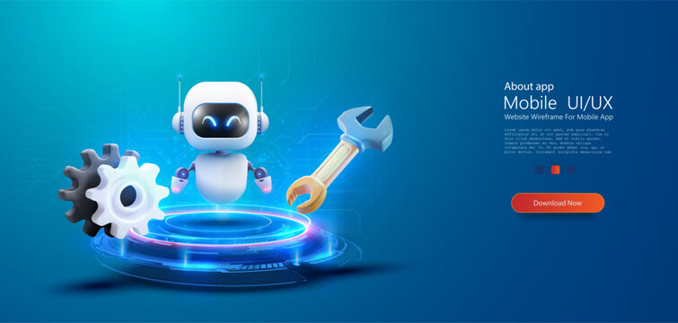 Futuristic 3D bot Service Robot with Tools on Digital Platform. A friendly robot with a wrench and gears on a glowing cybernetic platform, symbolizing AI and automation in technology services.  
