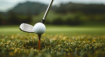 Golf ball on a tee with a club approaching - obrazy, fototapety, plakaty