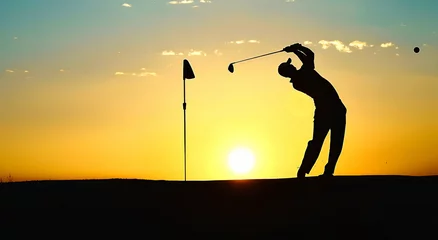 Gordijnen The silhouette of a golfer against the background of the setting sun. Copy space © Iryna