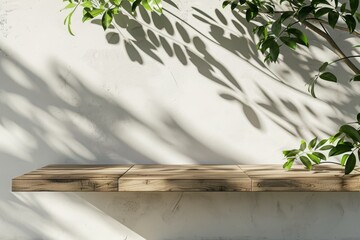 Empty natural wood table near white wall with plants and shadows outdoors on sunny day - Powered by Adobe