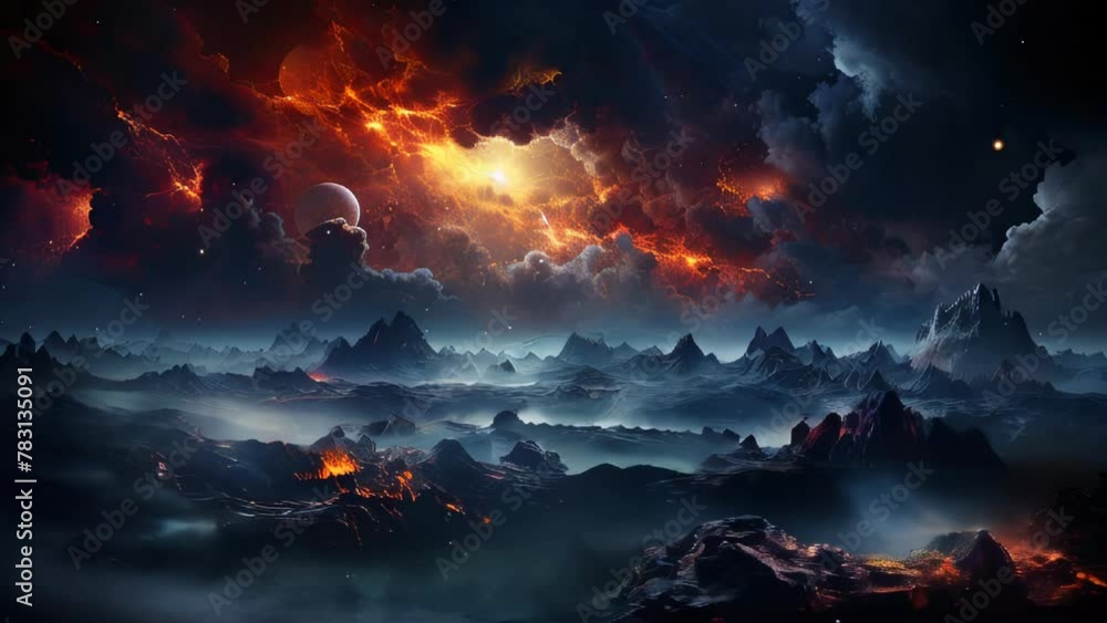Poster space scene with futuristic planet surface and stars in open space with planets and galaxies