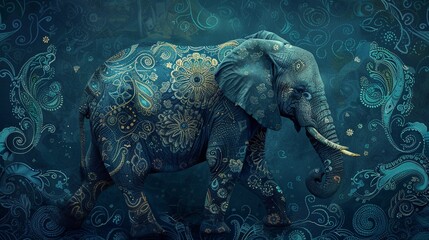 Majestic elephant, surrounded by detailed paisley patterns, deep blues and greens, soft lighting, side view