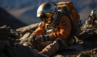 Astronaut in Space Suit Seated on Mountain Summit - obrazy, fototapety, plakaty