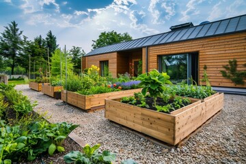 Raised wooden beds in modern garden with plants, herbs, vegetables, and flowers in countryside