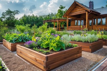 Fototapeta na wymiar Wooden raised garden beds with growing plants, herbs, vegetables, and flowers in rural countryside