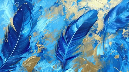 Abstract artistic background. Vintage illustration, feathers, blue, gold brushstrokes. Oil on canvas. modern Art