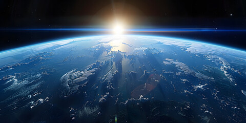 Obraz na płótnie Canvas wide shot of the earth from space, blue horizon, black sky, bright sun in upper left corner, cinematic
