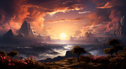 Fototapeta premium View of Beautiful colorful sky and sunset surrounded by mountains
