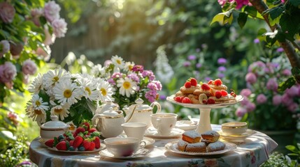 Enchanting Outdoor Tea Party Setting with Delectable Treats and Blooming Florals