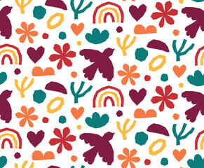 Abstract seamless pattern with colorful doodles. Vector flat background with simple bright colors geometric shapes.	