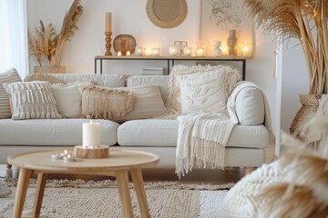 Modern boho living room interior with light gray sofa, decorative pillows, and natural decorations