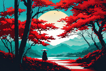 
Asian landscape in the spirit of samurai in dark contrasting colors. Acrylic paints and a pleasant color palette. Great for cards, posters, promotional materials.