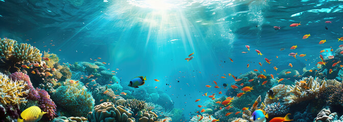 Fototapeta na wymiar A school of beautiful colorful tropical fish swimming in the deep blue ocean near an underwater coral reef