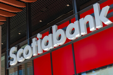 Fototapeta premium exterior building and sign of Scotiabank, a branch, located in Toronto, Canada