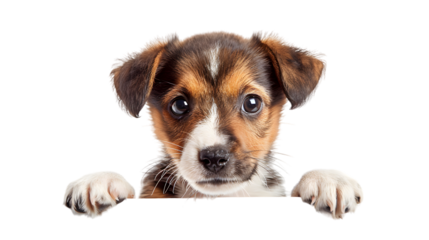 Puppy dog holding  blank banner isolated on transparent background