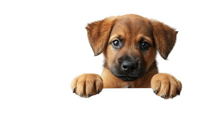 Obraz premium Puppy dog holding blank banner isolated on transparent background