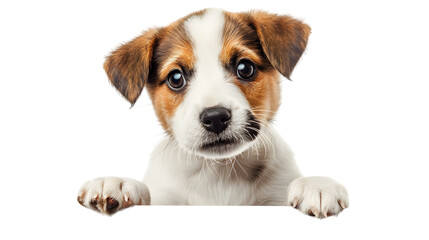 Puppy dog holding  blank banner isolated on transparent background