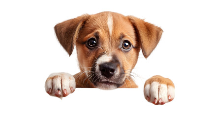 Puppy dog holding  blank banner isolated on transparent background