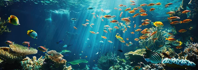 Fotobehang A school of beautiful colorful tropical fish swimming in the deep blue ocean near an underwater coral reef © Kien
