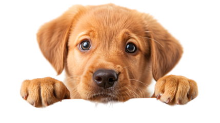 Puppy dog holding  blank banner isolated on transparent background