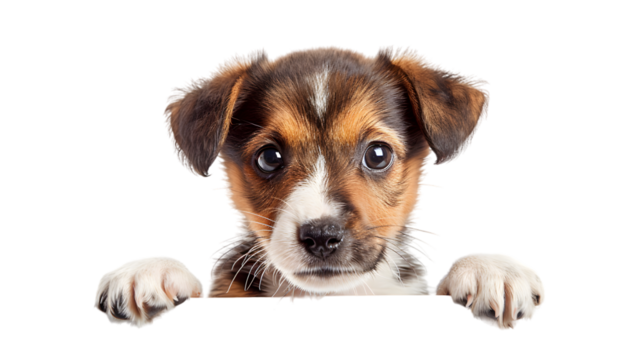 Puppy dog holding  blank banner isolated on transparent background - Powered by Adobe