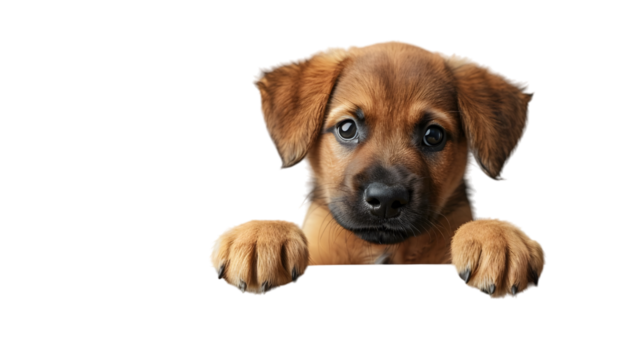 Puppy dog holding  blank banner isolated on transparent background