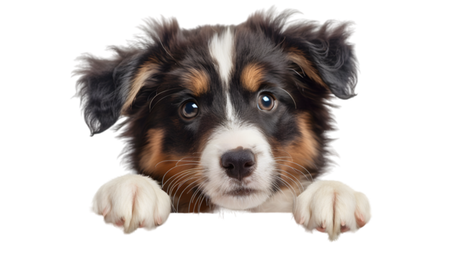 Puppy dog holding  blank banner isolated on transparent background