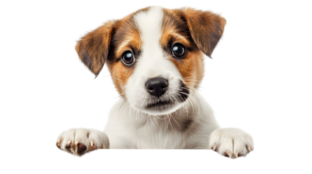 Puppy dog holding  blank banner isolated on transparent background