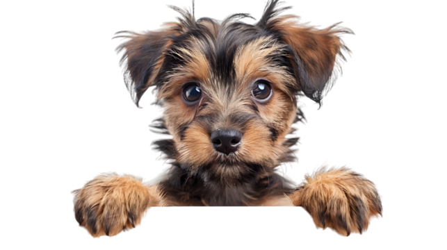 Puppy dog holding  blank banner isolated on transparent background