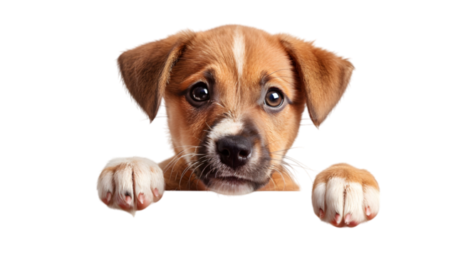 Puppy dog holding  blank banner isolated on transparent background