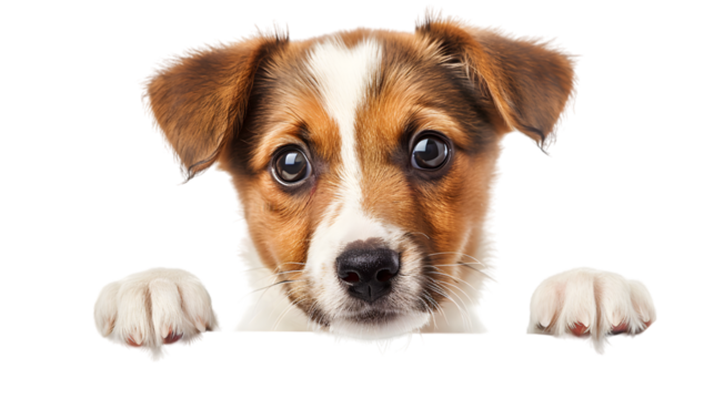 Puppy dog holding  blank banner isolated on transparent background