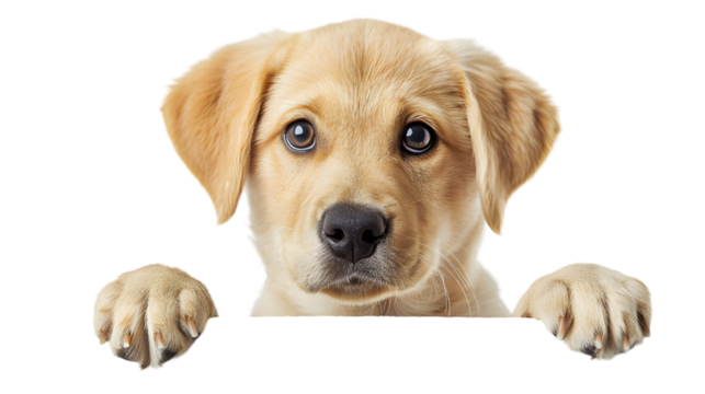 Puppy dog holding  blank banner isolated on transparent background