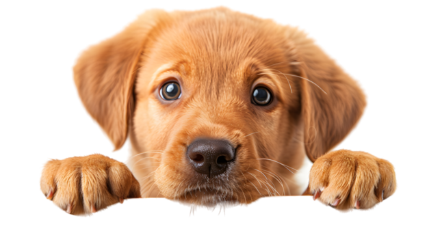 Puppy dog holding  blank banner isolated on transparent background