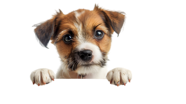 Puppy dog holding  blank banner isolated on transparent background
