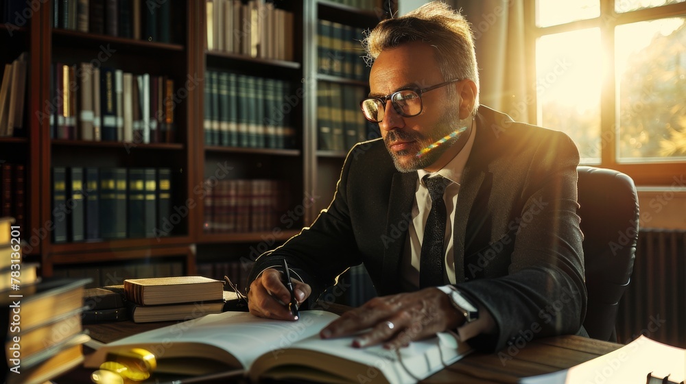 Poster A man dressed in a suit and tie sits at a desk, surrounded by books. He appears focused and engaged in studying the materials in front of him.