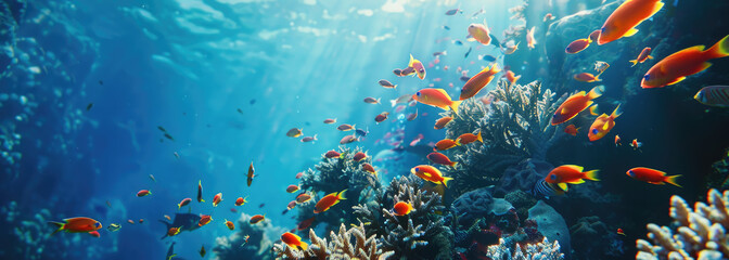 A school of beautiful colorful tropical fish swimming in the deep blue ocean near an underwater coral reef