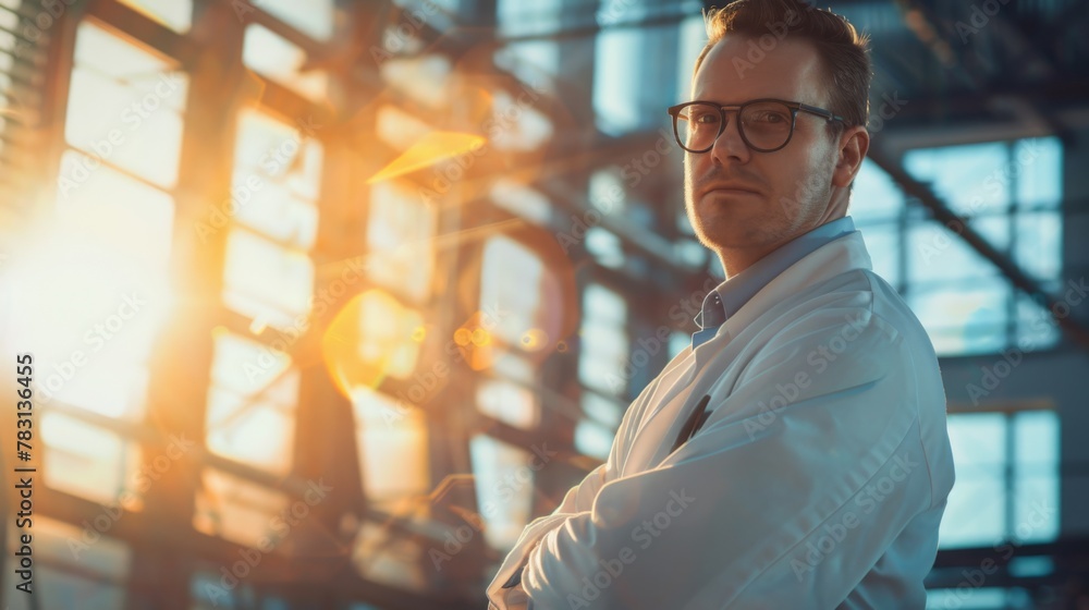 Poster A man wearing a lab coat stands in front of a building, looking professional and focused. He appears to be conducting research or engaged in scientific work.
