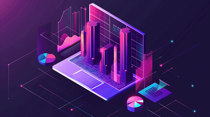 An isometric illustration of a laptop displaying vibrant 3D bar graphs, surrounded by additional charts, symbolizing data analysis or financial review
