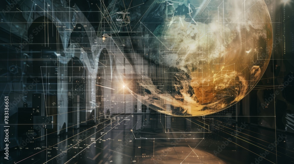 Poster A computer generated image of a planet with a sun in the background. The planet is surrounded by a network of lines and dots, giving it a futuristic and abstract appearance
