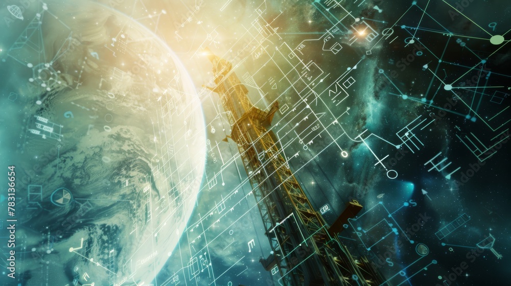 Poster A computer generated image of a planet with a tower in the sky. The tower is surrounded by a network of lines and dots. The image has a futuristic and technological feel to it